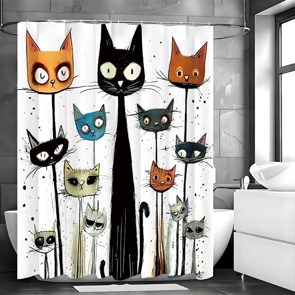 Cute Cartoon Cat Shower Curtain, Bathroom Decorative Shower Curtain, Waterproof Shower Curtain with Hooks