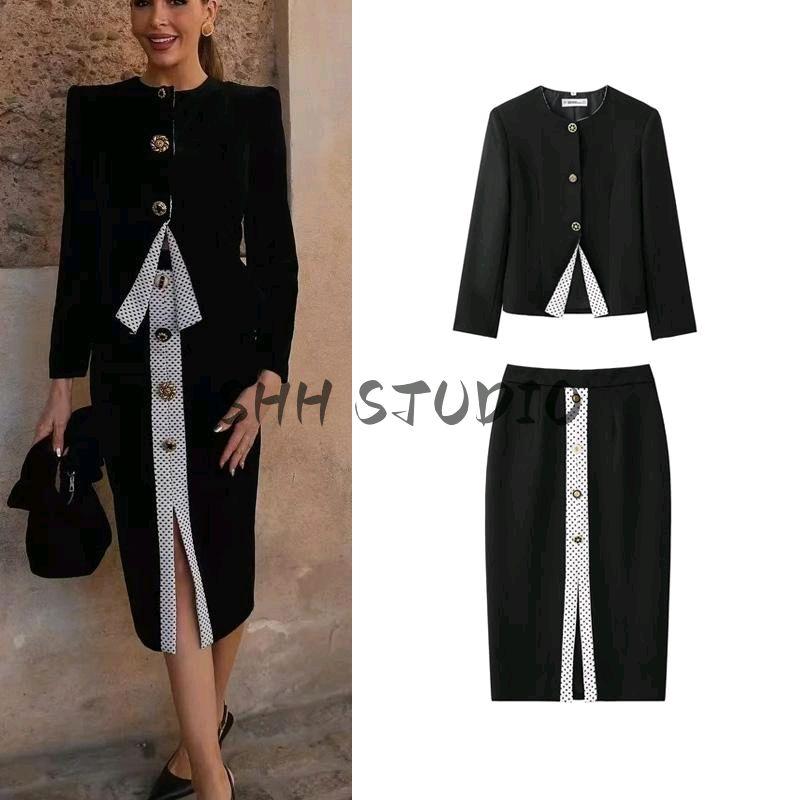 Spring New Women's Clothing Hepburn Style Polka Dot Stitching Skirt + round Neck Long Sleeves Button Decoration Suit Outwear