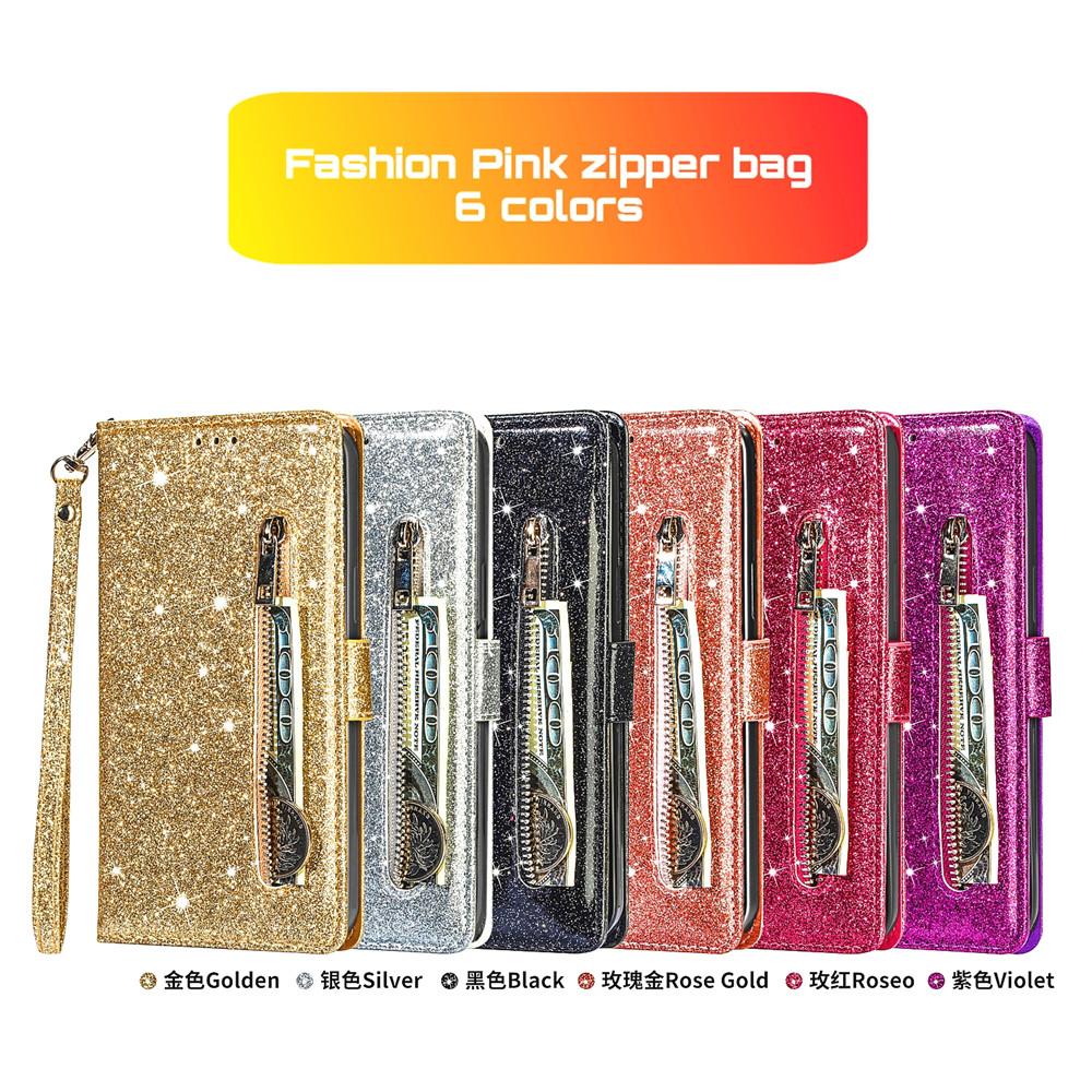 Zipper Flip Wallet Glitter Leather Case for iPhone 16 15 14 13 12 11 Pro Max XS XR 8 7 Plus SE 16E Mini Bling Stand Phone Cover