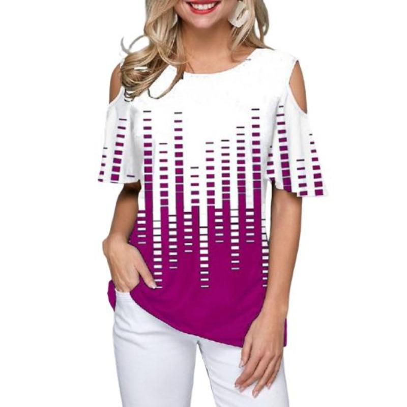 T-shirt Women Loose Comfort Top Leaves Floral Print O Neck Short Sleeve Cold Shoulder EMA