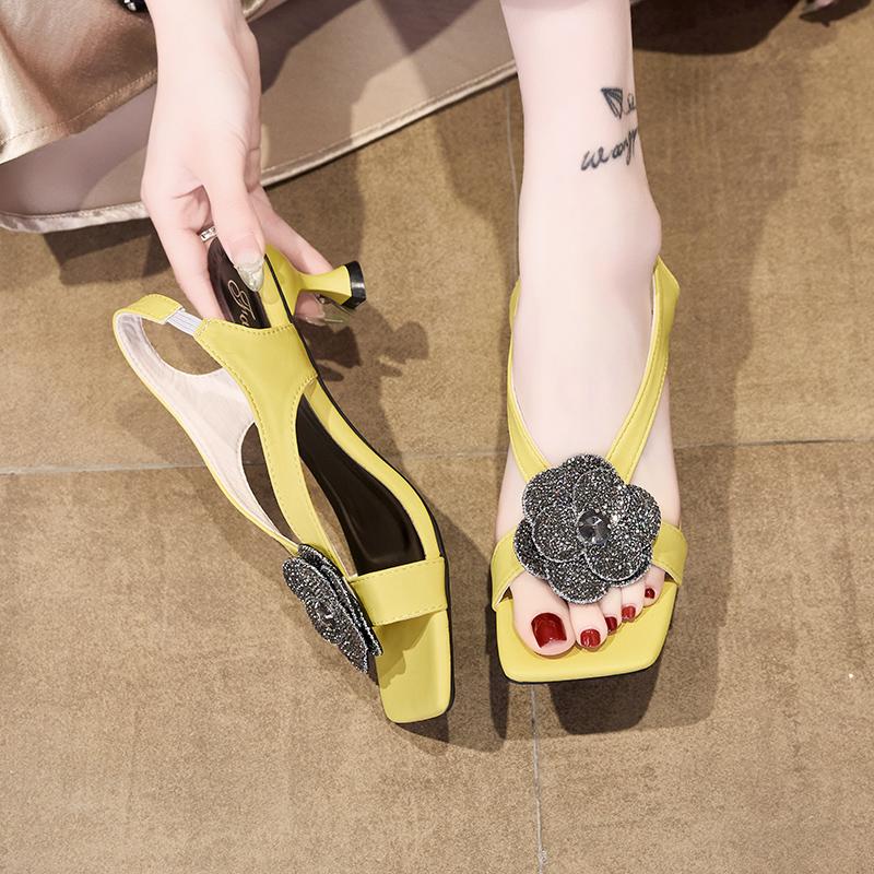 Rhinestone Camellia High Heels Summer New Light Cooked Style Square Toe Open Toe Back Empty Stiletto Sandals