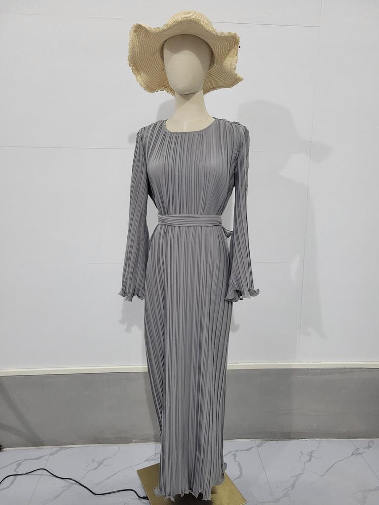Pleated Maxi Dress Long Flared Sleeves Fitted Waist Elegant Women's Party Dress Casual Ankle-Length