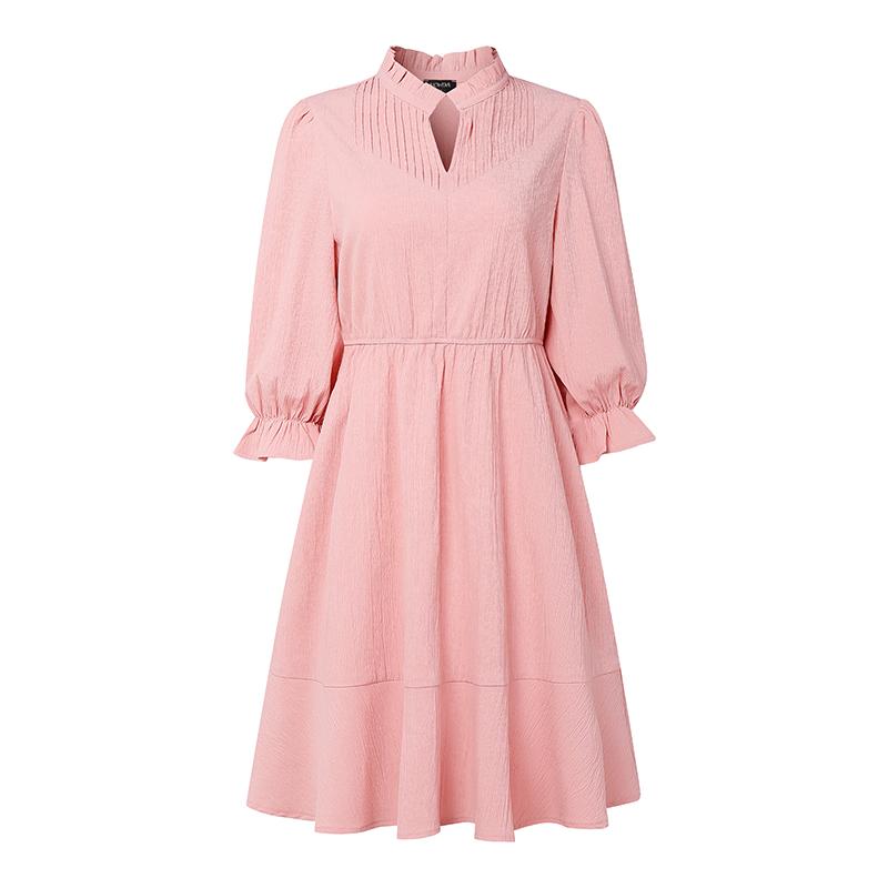 VONDA Women Casual Stand Neck Long Sleeve Pleating Ruffled Mini Elegant Dress