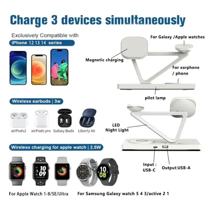 4 in 1 Wireless Charging Station Fast Charging Magnetic Wireless Charger Stand for iPhone 17 16 15 14 Apple Watch AirPods Pro