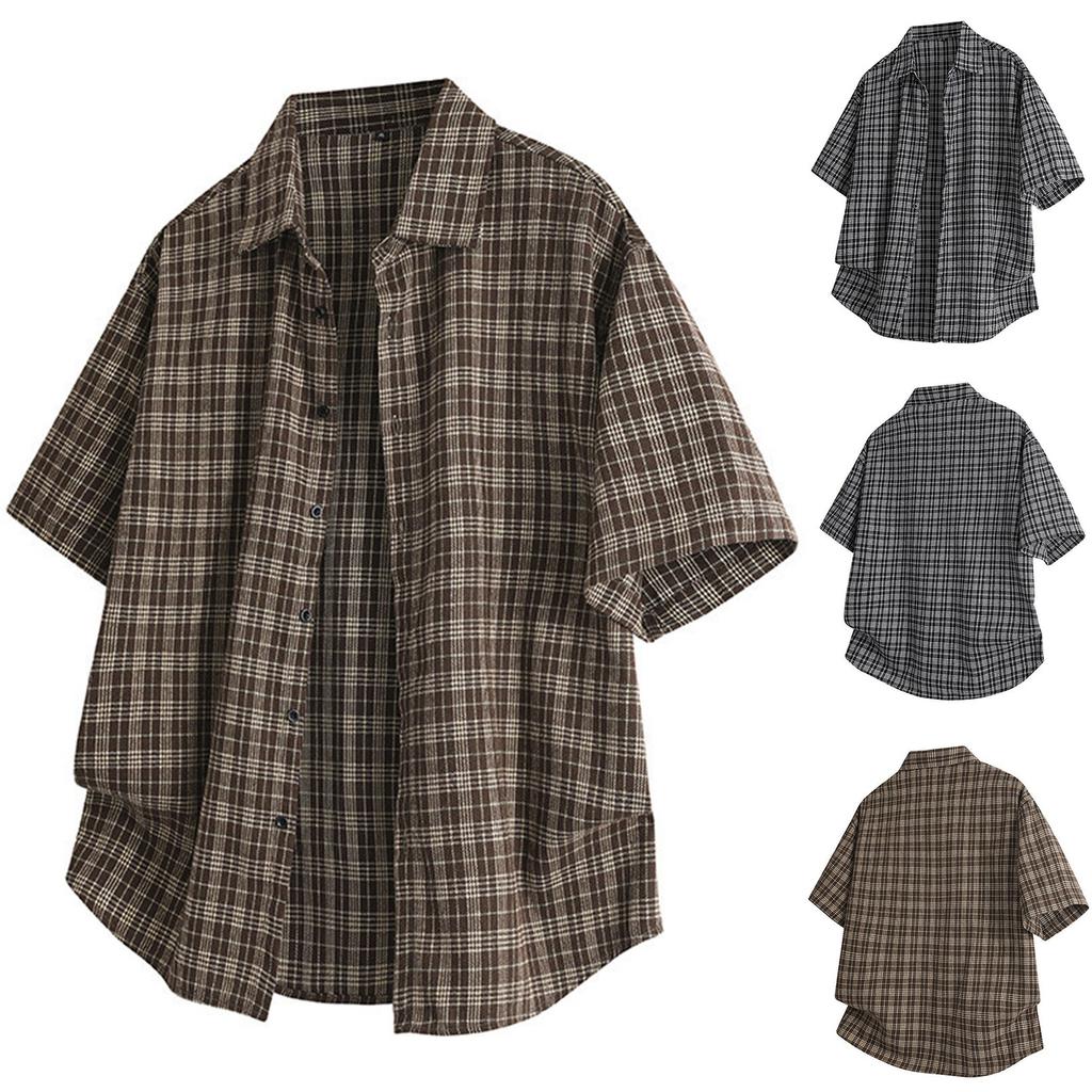 Herr sommarskjorta med korta ärmar i bomull, avslappnad knappskjorta, toppar