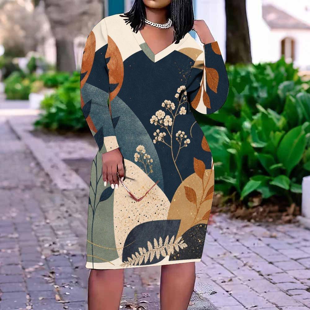 Women Plus Size V Neck Long Sleeve Blue Beige Printed Fitted Dress