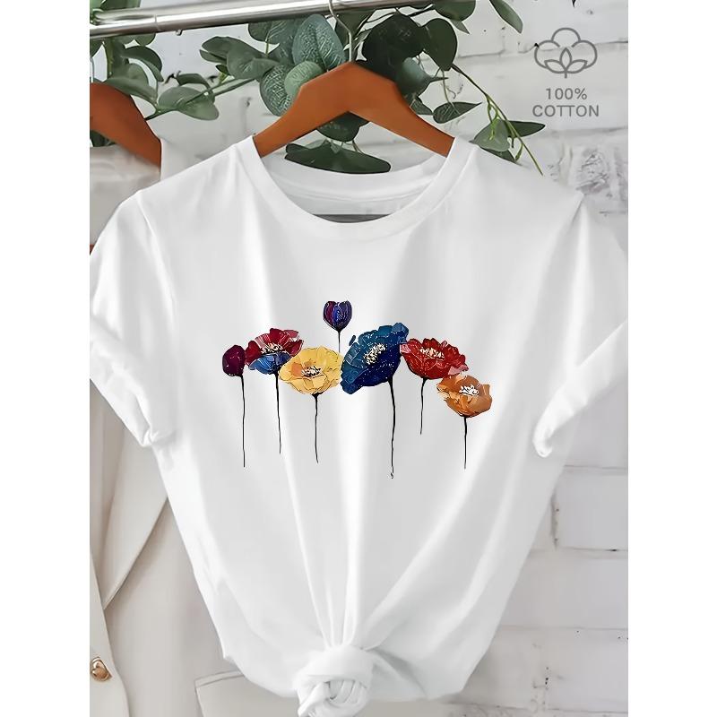Women s Black Floral Print Tee Vibrant Flower Design Round Neck Short Sleeve Spring Summer Casual Machine Washable Artistic Top S белый