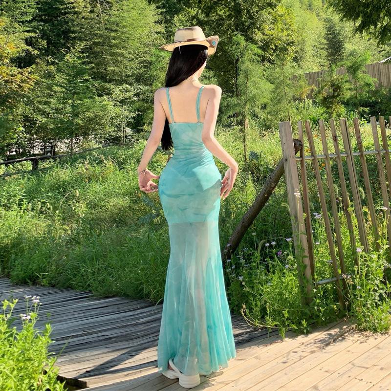 French High-end Spice Girl Smudged Mesh Splicing Suspender Skirt Summer Temperament Waist Slim and Thin Fishtail Dress
