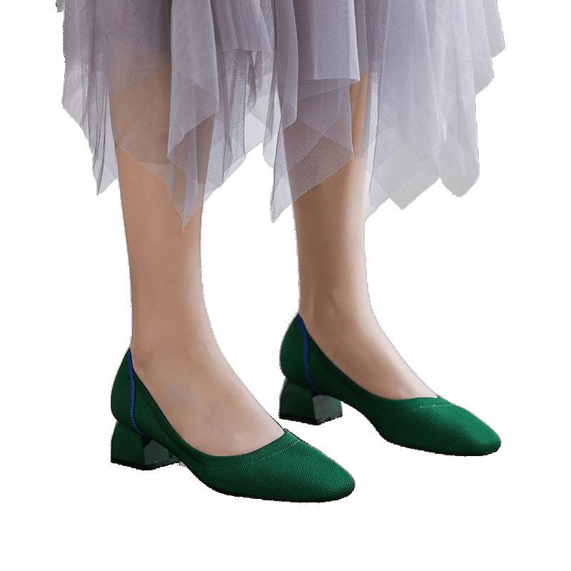 High Heel Square Head Single Shoes Women's Medium Heel Flying Weaving Leopard Print Women's Coarse Heel Comfortable Weaving High Heels