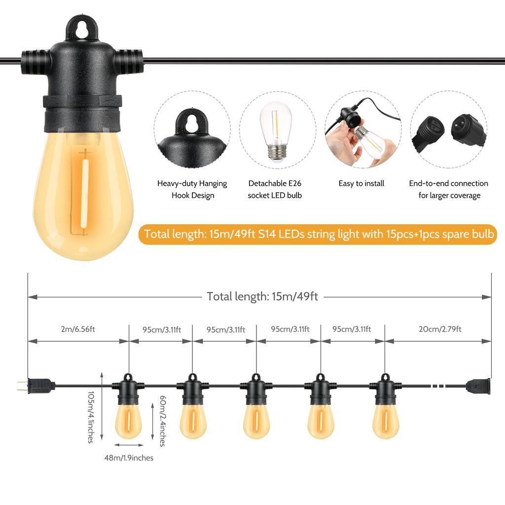 15M/49FT S14 String Lights 15 Hanging Sockets 16 E26 1W LED Bulbs 2700K Warm Light with Remote Control IP65 Waterproof