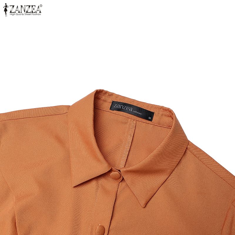 ZANZEA Women Casual Turn Down Collar Solid Color Short Sleeve Elegant Dress