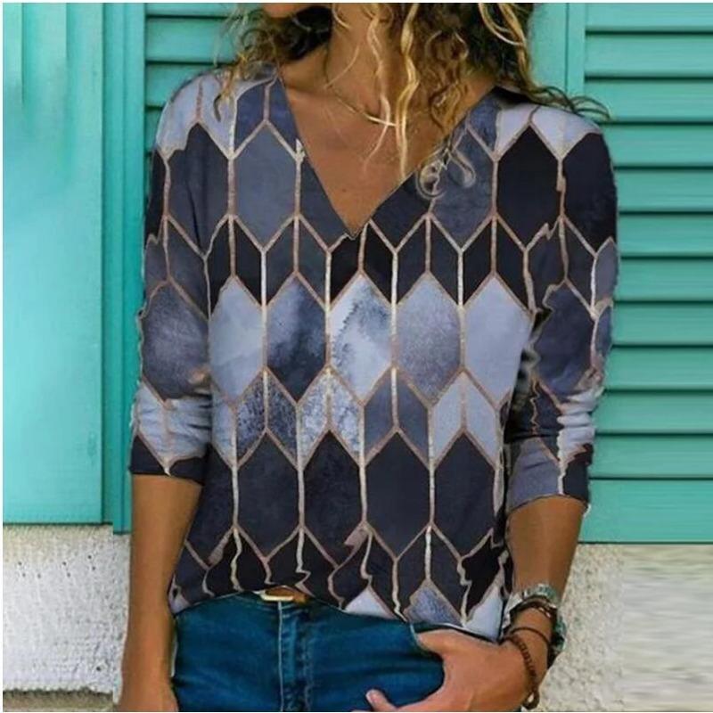 V-neck 3D Printed Top Fashionable Casual Long Sleeved Women's T-shirts