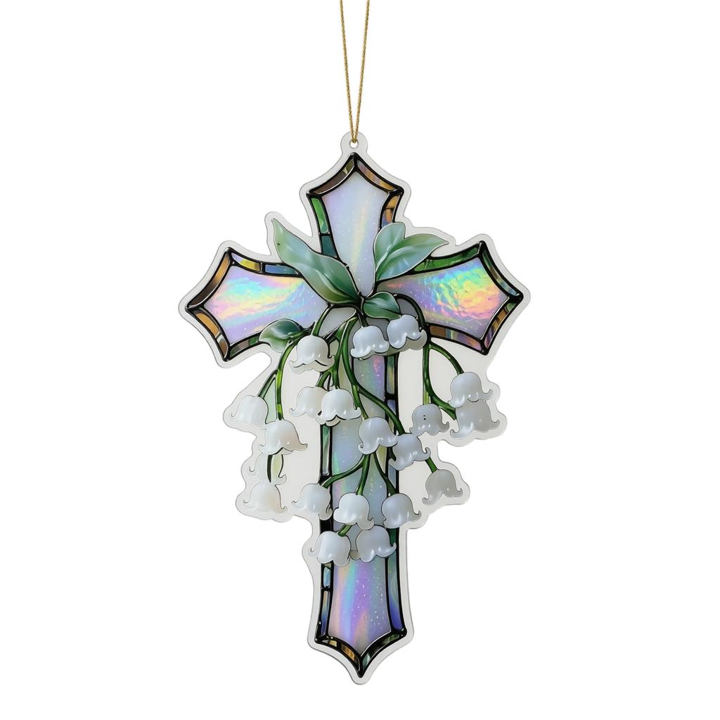 Acrylic Lily of the Valley Sun Catcher Cross Shaped Hanging Ornament for Window Home Office Decoration Memorial Gift