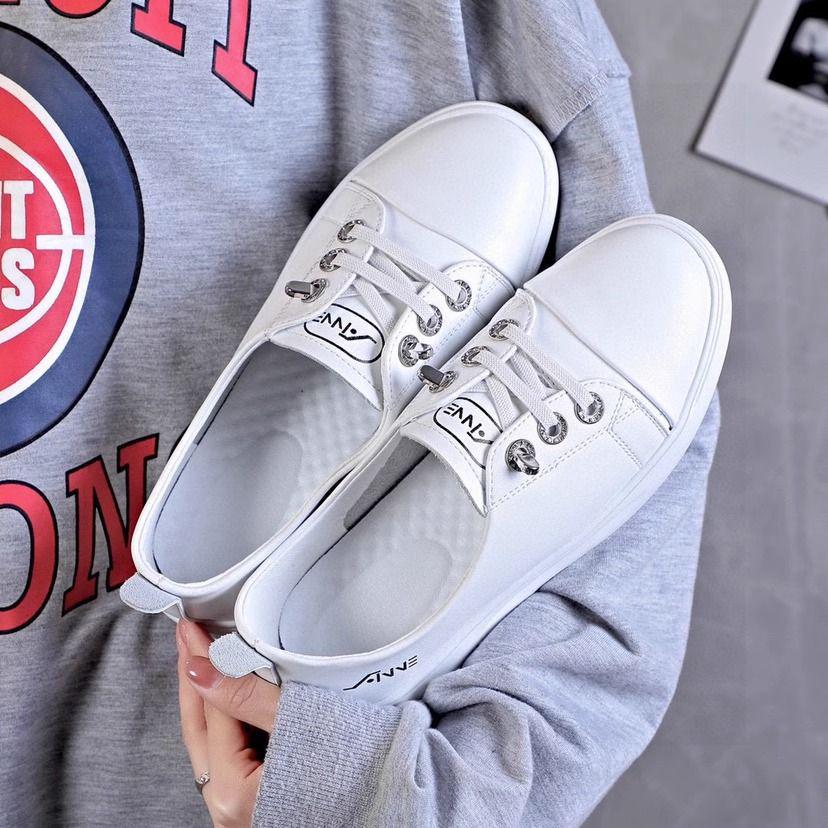 Women's Genuine Leather Slip-On White Sneakers: Low-Cut, Versatile, Trendy Summer Style.