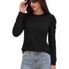 Women Loose Round Neck Pleated Puff Long Sleeve Solid Color T Shirt Top