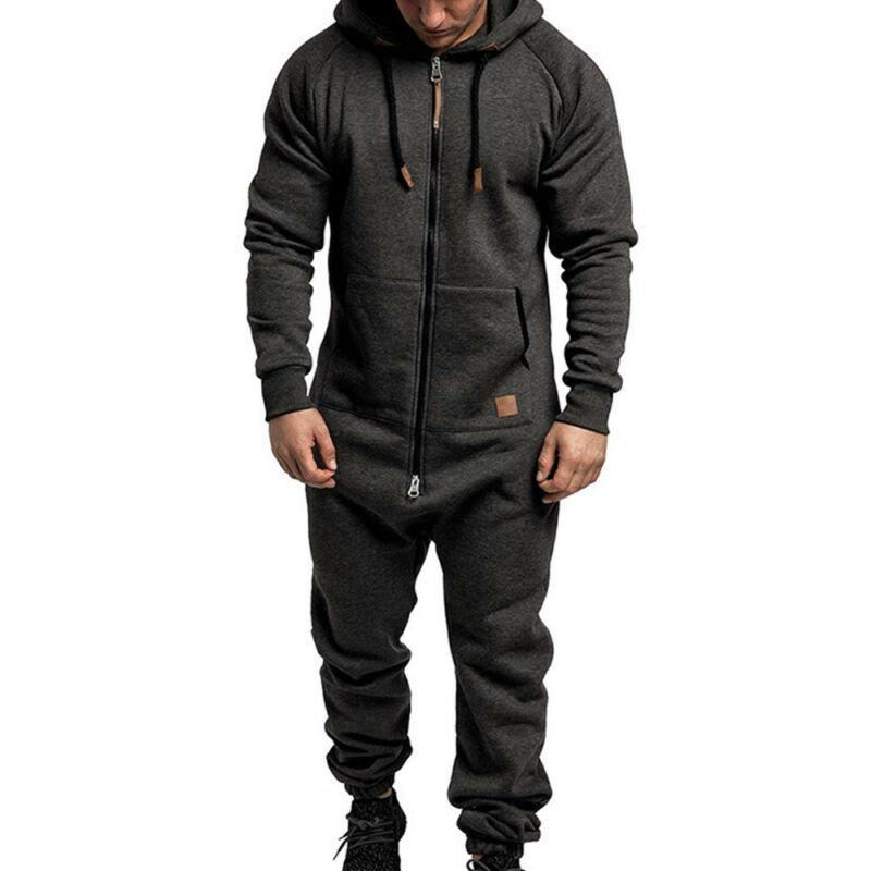 Heren eendelige jumpsuit met capuchon, effen kleur, lange mouwen, winter, warm, casual trainingspak met rits