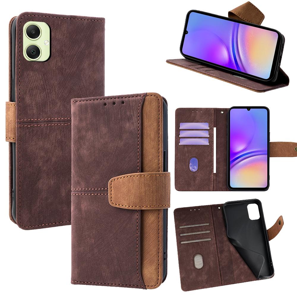 

For Samsung Galaxy A05 4G Case RFID Blocking Color Splicing PU Leather Wallet Phone Cover Brown