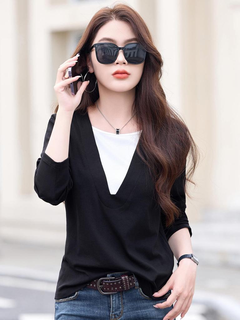 52070 Women's Color Block Long-Sleeved Cotton T-Shirt, 2025 Spring/Autumn, Slim Fit Fake Two-Piece.