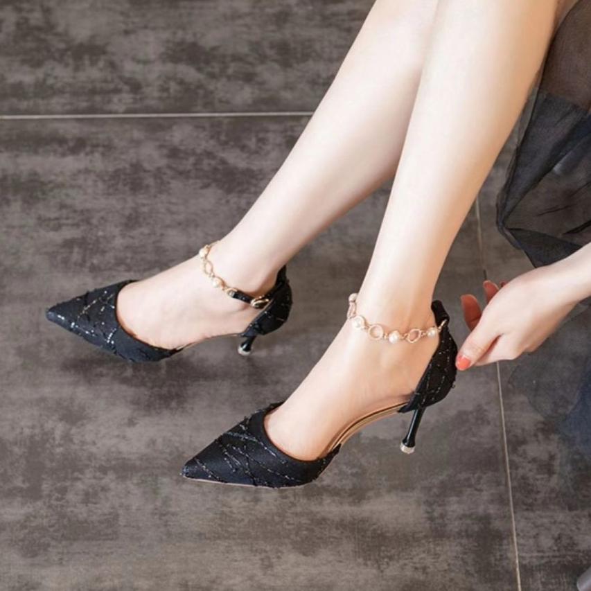 Fashion Closed Stiletto Sandals for Women Black Pointed Toe Woman Shoes Low Price 2025 Luxury Chic and Elegant Designer Shoe on Offer