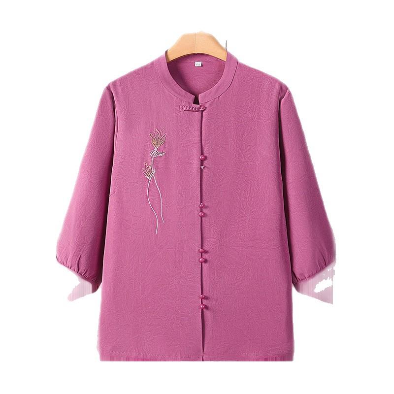 Plus-Size Chinese Style Seven-Sleeve Cardigan Shirt for Middle-Aged and Elderly Women