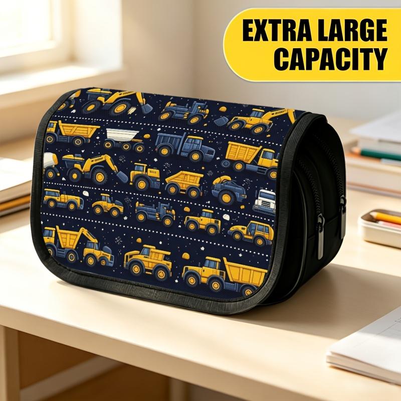 Double Layer Large Pencil Case, Vibrant Printed Pencil Pouch with Construction Truck Fleet Design, Fashion Storage Bag, Portable Pencil Case with Zipp
