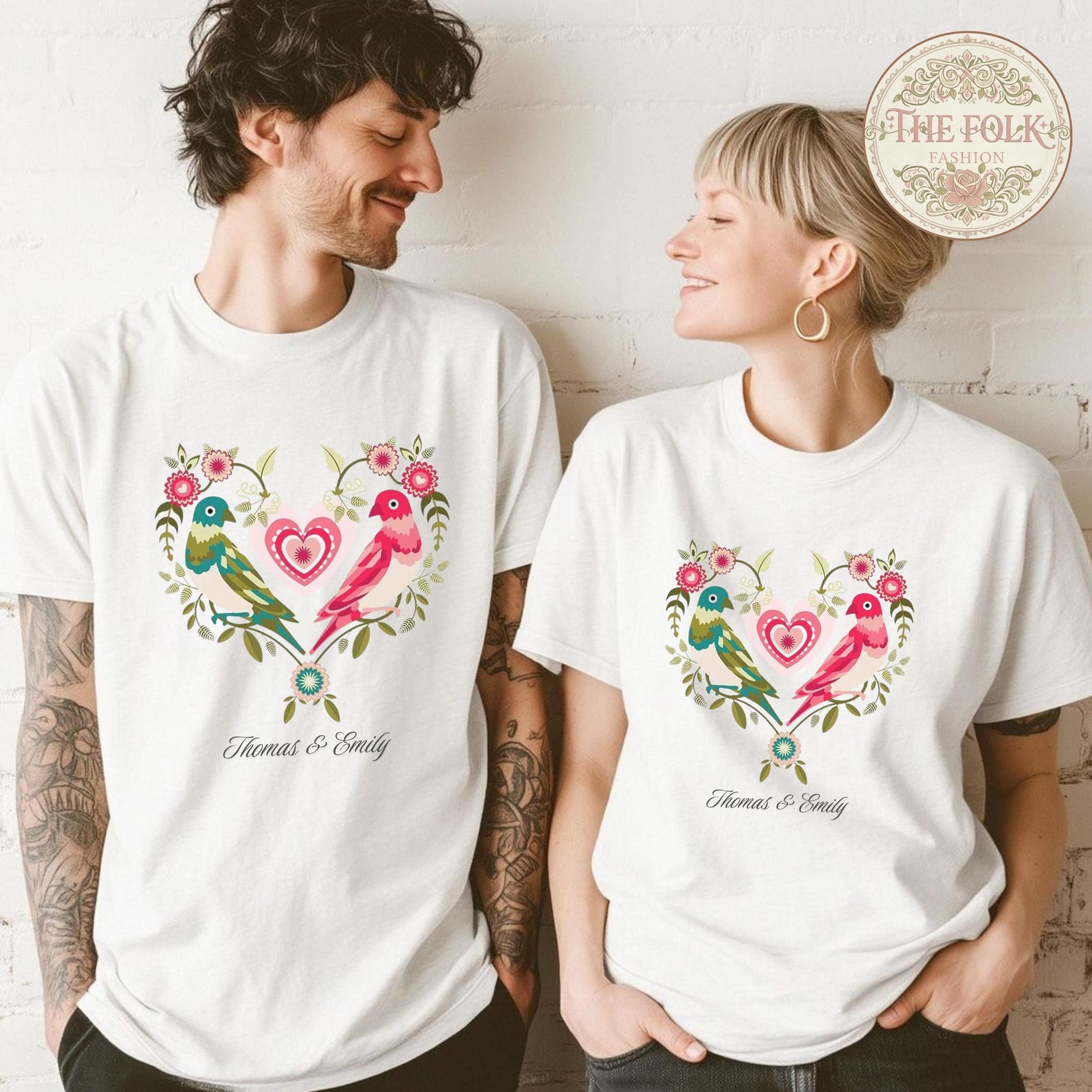 Custom Name Anniversary Shirts, Personalized Love Birds Couple Tees, Folk Art Matching Shirts, Colorful Heart Gift for Couple,Comfort Colors M