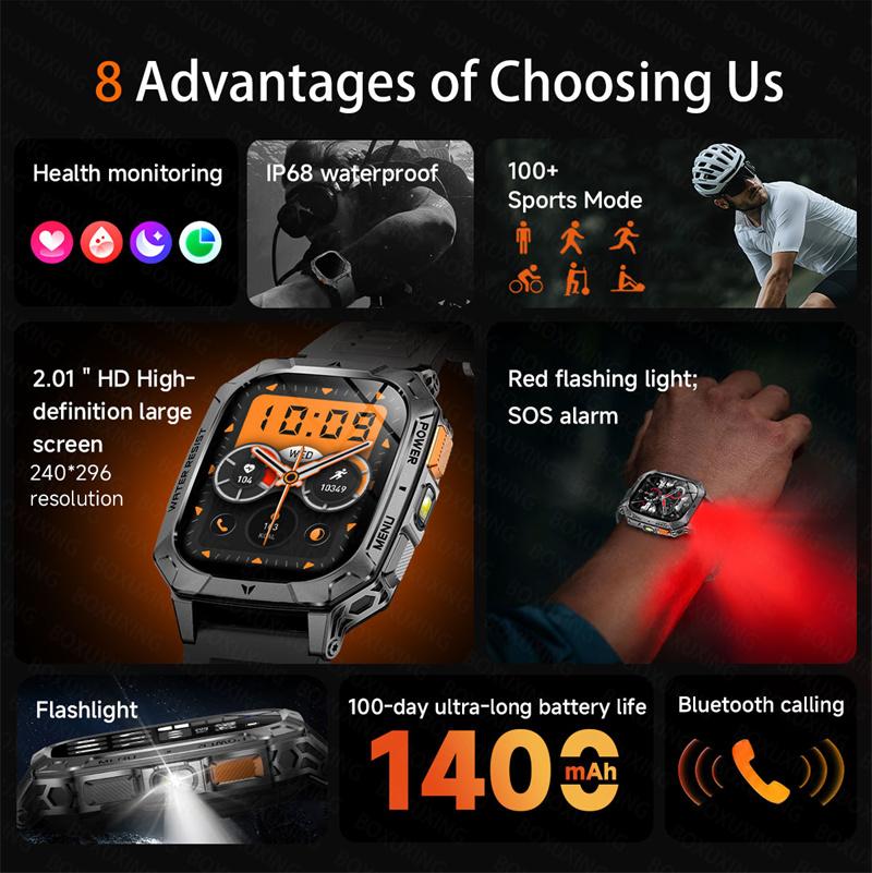 Military outdoor Smart Watch Fitness Clock Men 2.01 inch AMOLED Screen 1400mAh Battery Flashlight HD Call Waterproof Smartwatch