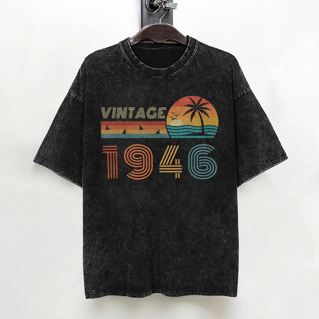 80th Birthday Born 1946 80 Year Old T Shirt Washed 100 Cotton Oversize TShirts Fashion for Men Women Streetwear Printed Tees