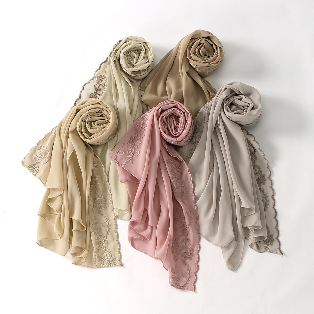 Floral Embroidery Edge Chiffon Silk Scarf Women Muslim Hijab Headscarf Soft Wraps Headband Summer Sunscreen Shawls Beach Shawls