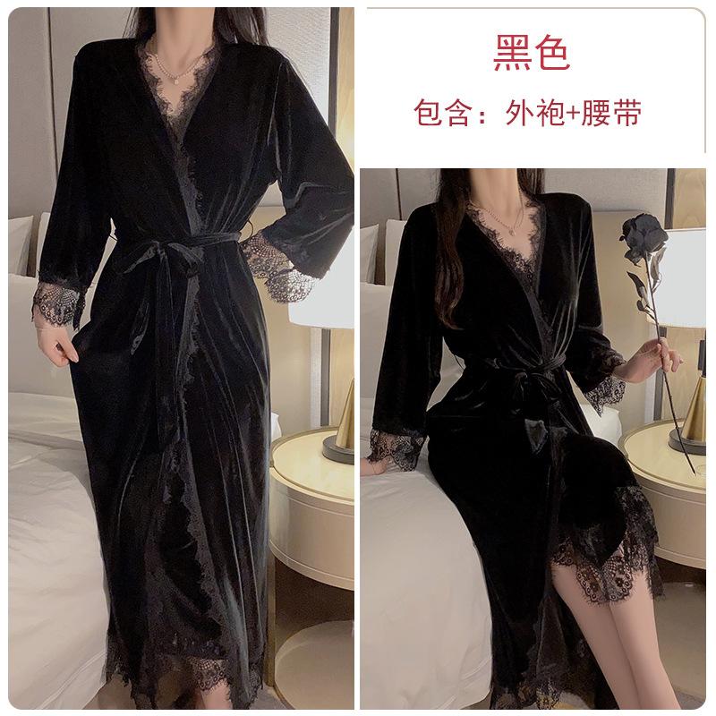 Women's Plus Size Velvet Slit Cami Sleep Dress with Robe for Fall Winter