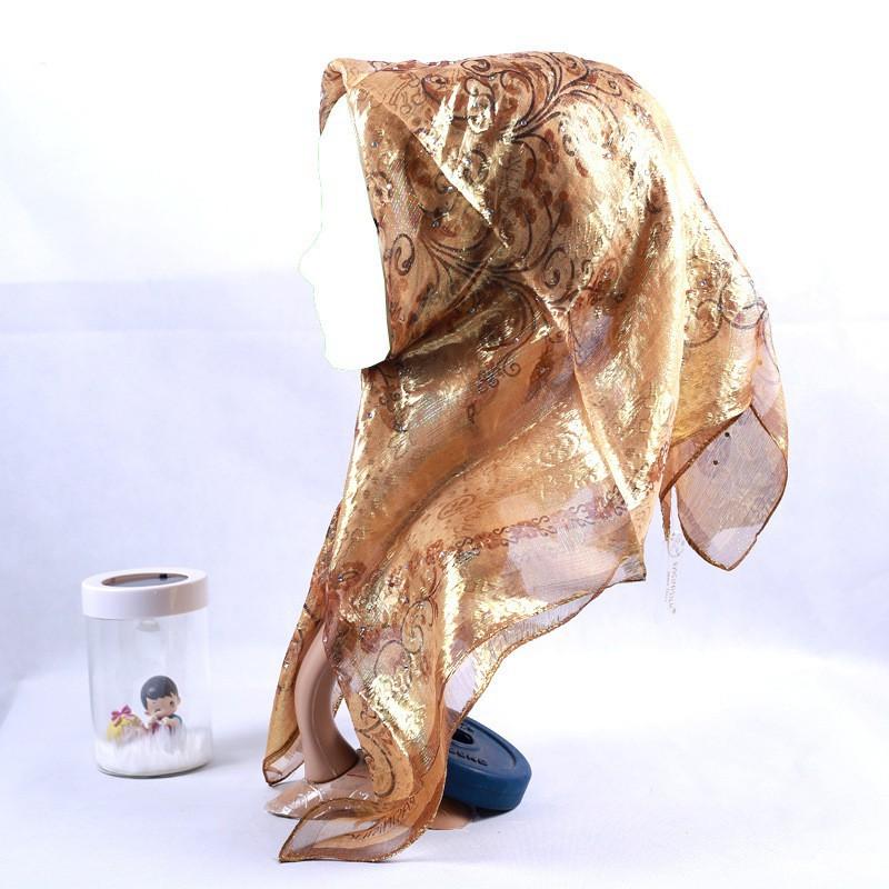 Silk Square Scarf Women Floral Print Embellished Rhinestone Cutwork Woven Headwrap Lightweight Accessory Street Style