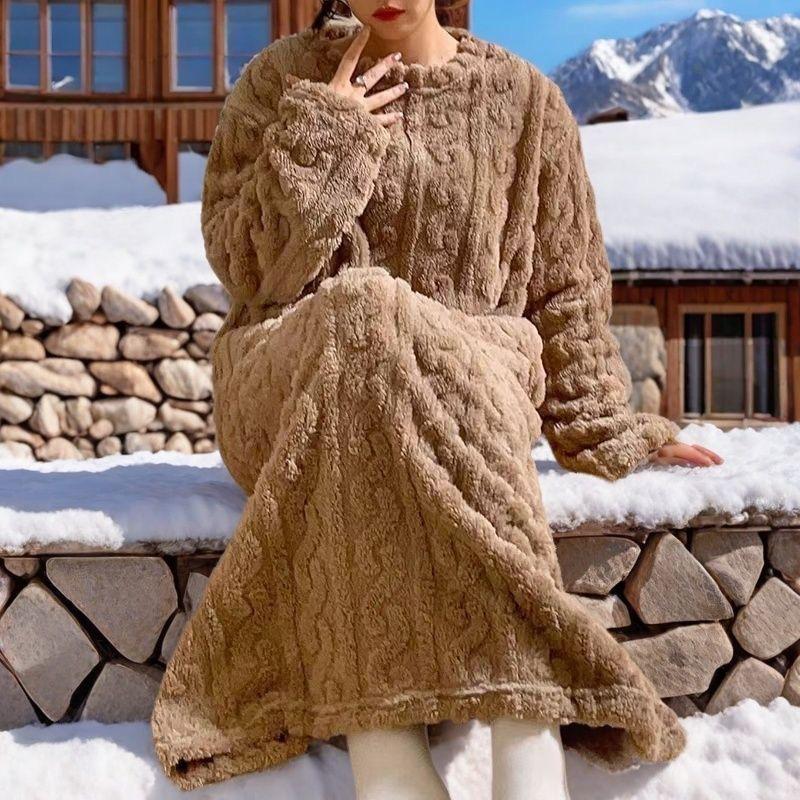 

Зимние женские ночные рубашки жаккардовое платье ночное платье свободная однотонная утолщенная фланелевая пижама домашняя одежда L кофейный