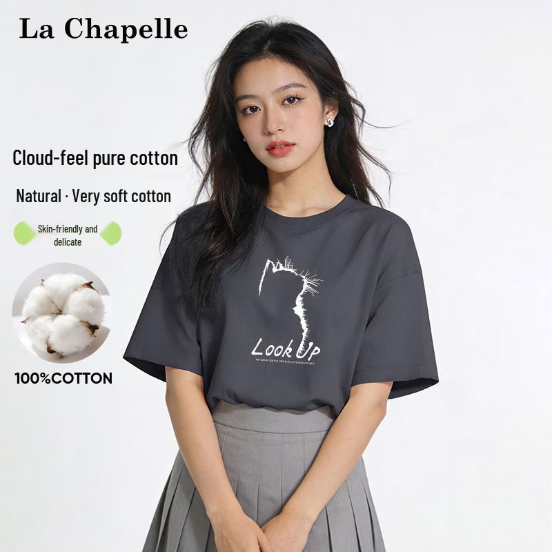 La Chapelle Women s Cat Looking Up Cotton Graphic Tee M