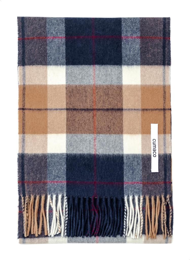 Camel Navy Cashmere and Wool Plaid and Check Wool Brand [cumaco] 15. Scarf, Pattern, Unisex, Large, Thick, Blend, Name, Gift, Brown, Navy,