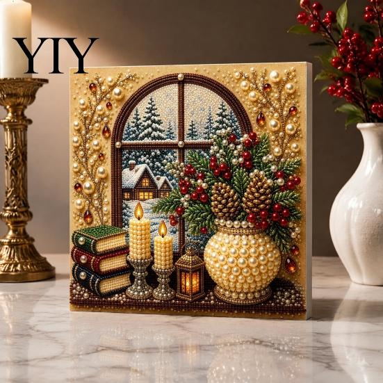 Sparkling Bead Painting Sets Christmas Faux Pearl Art Kit, DIY Snowman 3D Resin Xmas Scenes Crafting Project for Adults Beginners, Home Festive