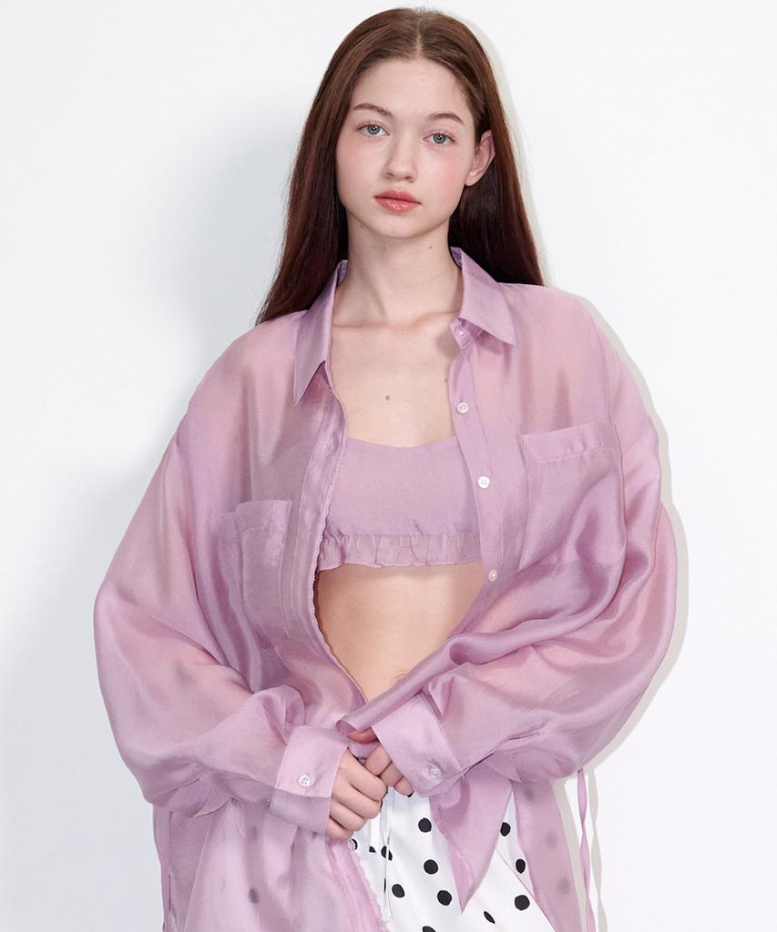 OPENING SUNSHINE See-Through Lace Silky Shirt Pink