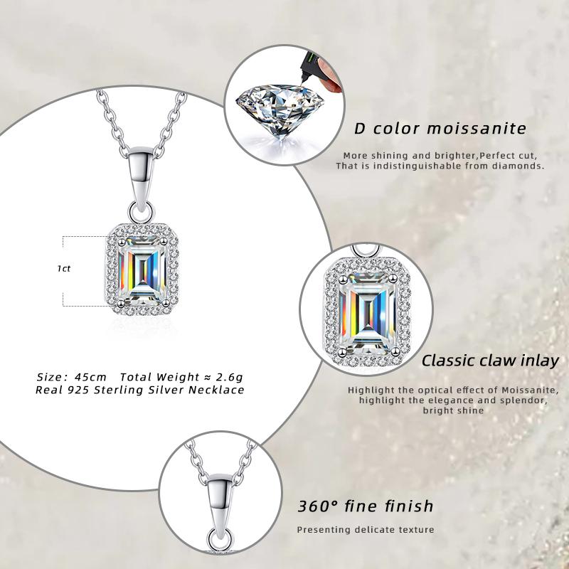 Bague Ringen Echte 1 Karat Smaragd-Schliff Moissanit Anhänger Halskette für Frauen 100% 925 Silber Platinplattiert Party Feinschmuck Geschenk