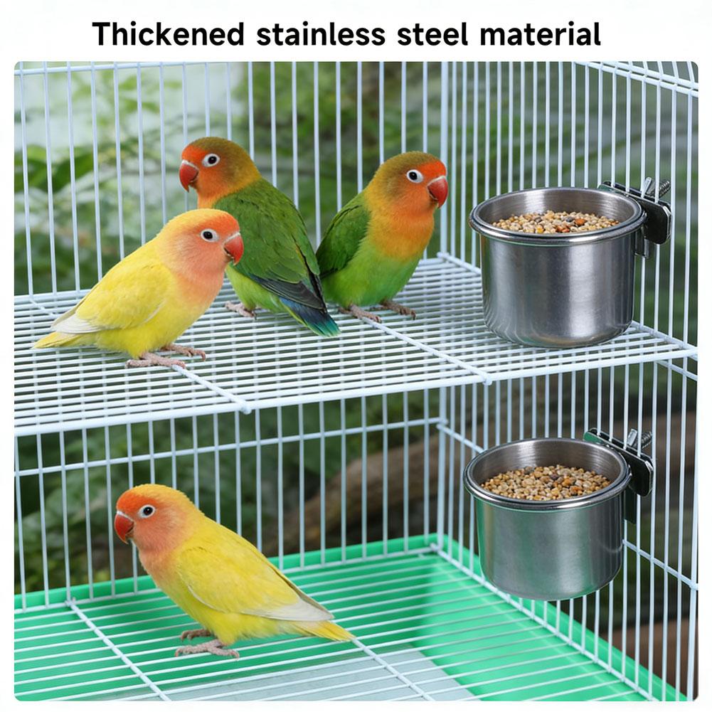 Parrot Feeding Cups Stainless Steel Food Water Bowls with Clamp Holder Bird Cage Feeders for Parakeet Small Animals