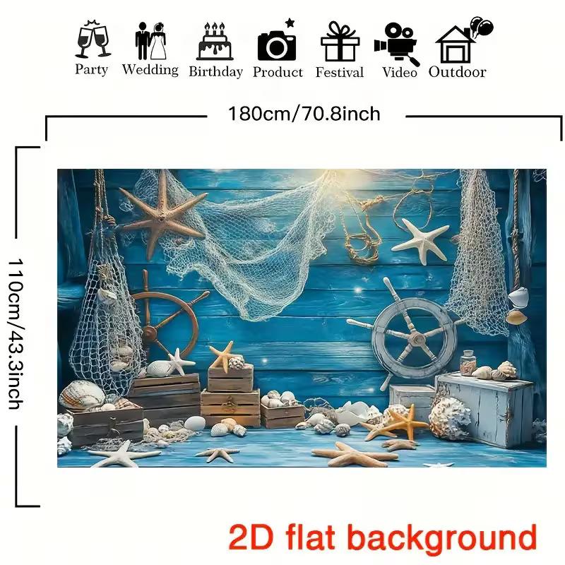 2D Beach Nautical Tapestry, Starfish Seashell & Fishing Net Background