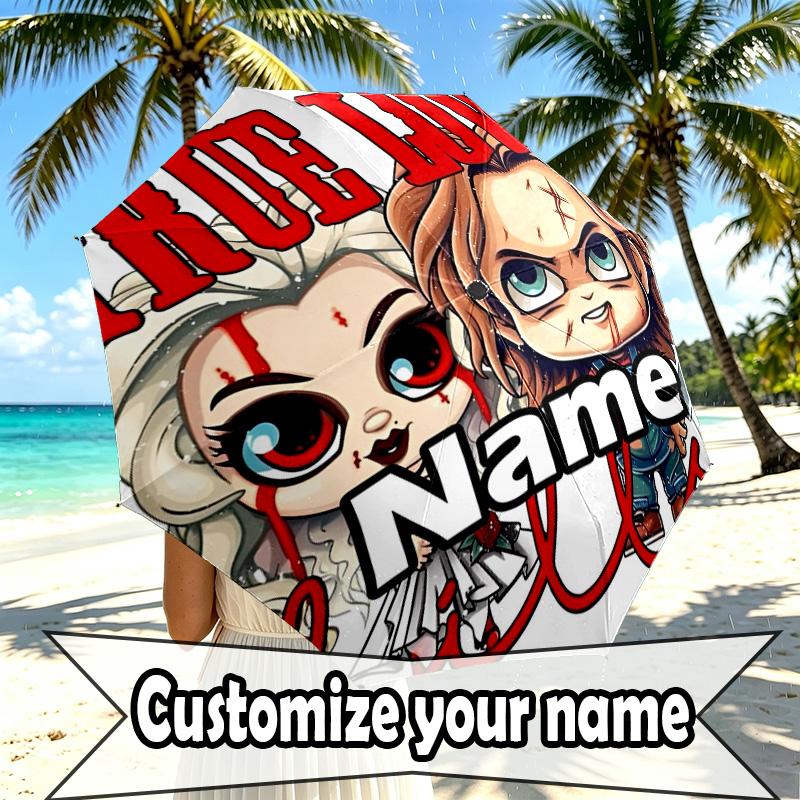 Custom Name Personalized Bride of Chucky Print Umbrella, Auto Open Close, 8‑Rib Sturdy Frame, Commute Camping Hiking Use, Birthday Gift