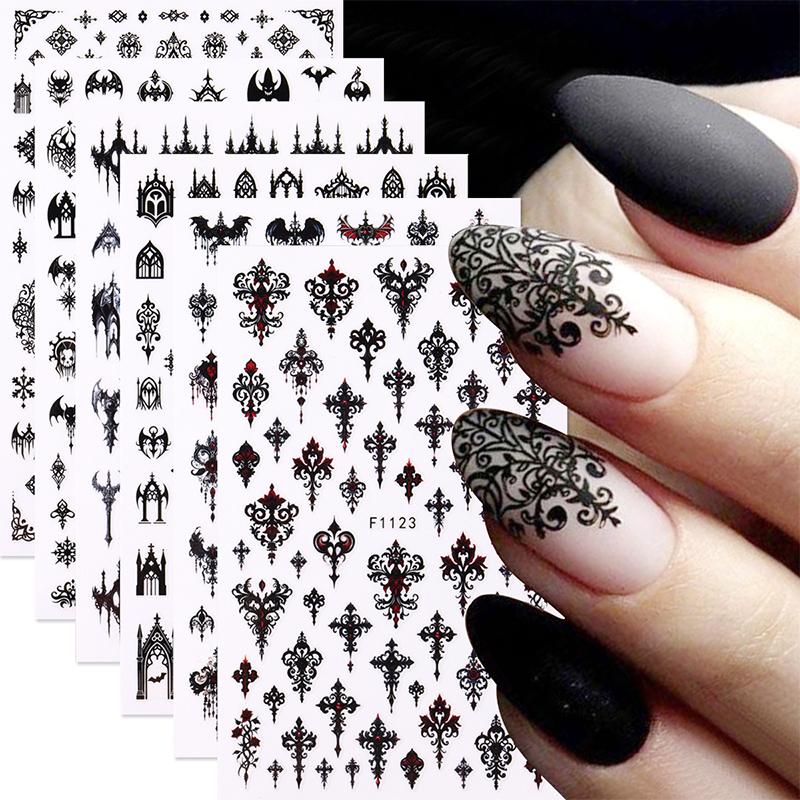 Gothic Black Sticker For Nails Elegant Wedding Laced Designs Spooky Halloween Bat Skull Adhesive Foils Sliders Nail Art Decor