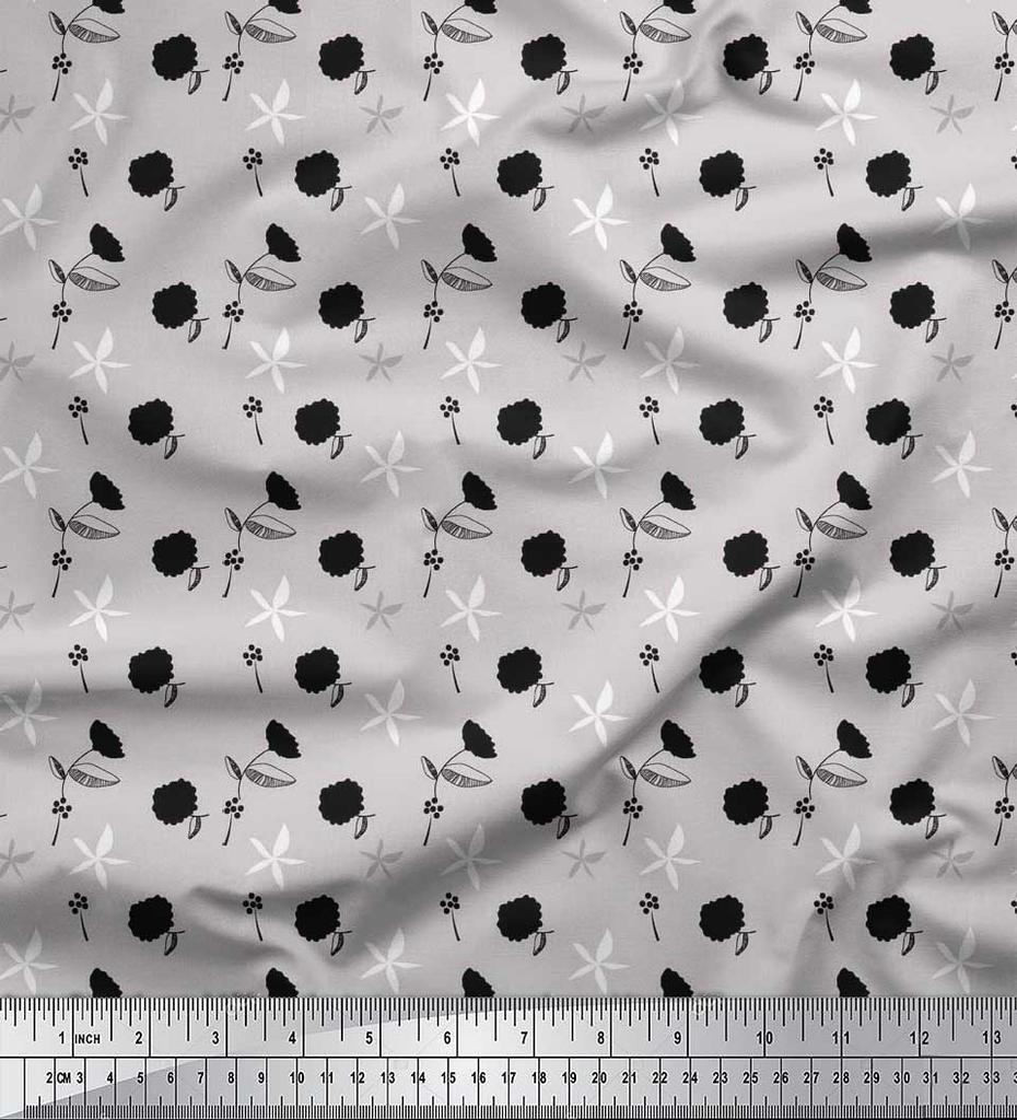 Soimoi Purple Japan Crepe Satin Fabric Black Sketch Floral Print Fabric by Metre 42 Inch