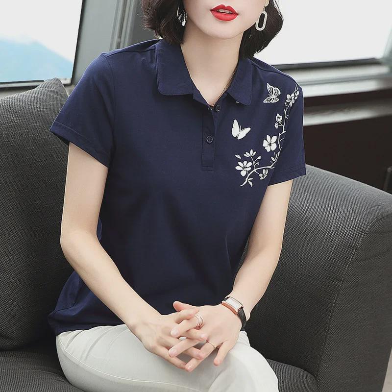 2023 Women's Summer Loose Cotton Lapel T-Shirt with Short Sleeves for Middle-Aged Women