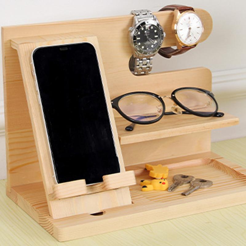 Nachtkastje Organizer Hout Telefoon Docking Station Sleutelhouder Portemonnee Stand Horloge Organizer Valentijnsdag Cadeaus Voor Hem Houten Organizer
