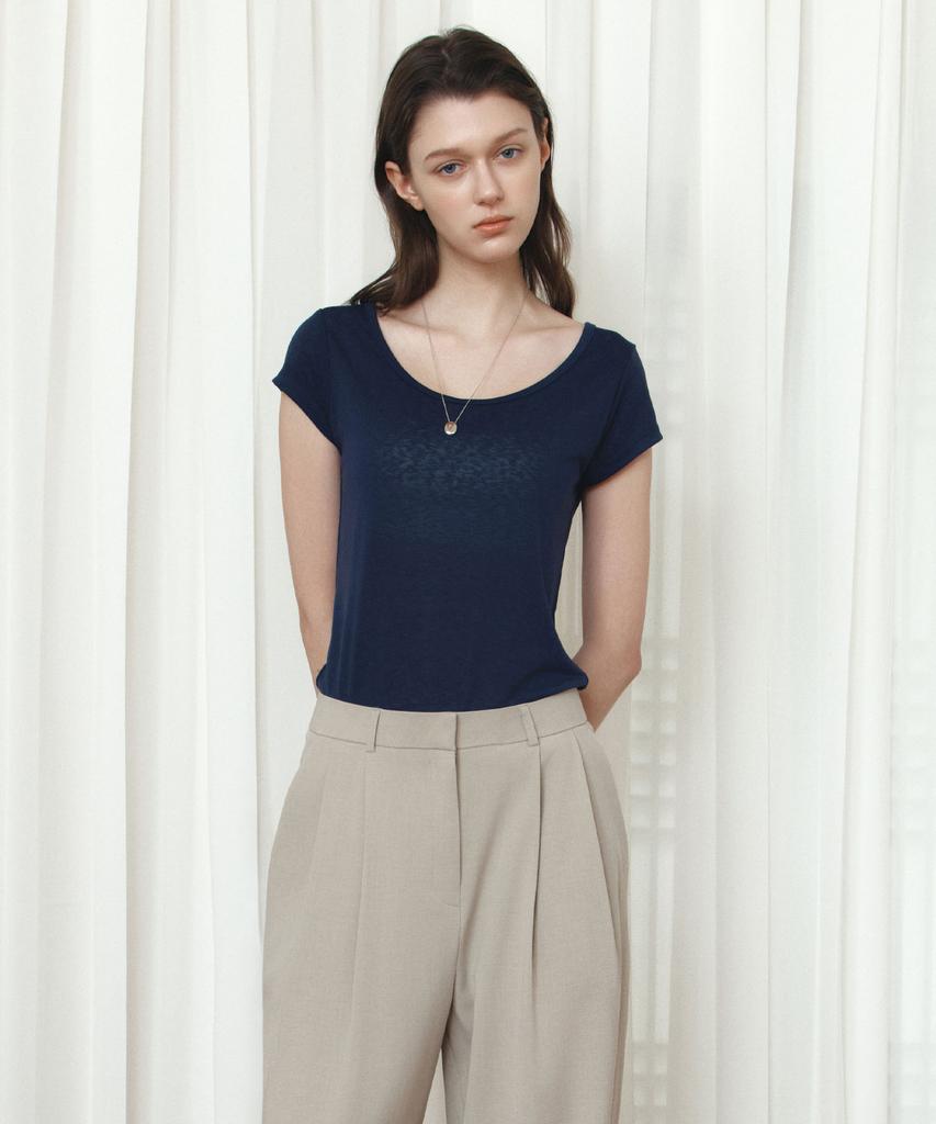 Siyajyu Sitp5300 See-Through Cap Sleeve Slim Short Sleeve T-Shirt_Navy