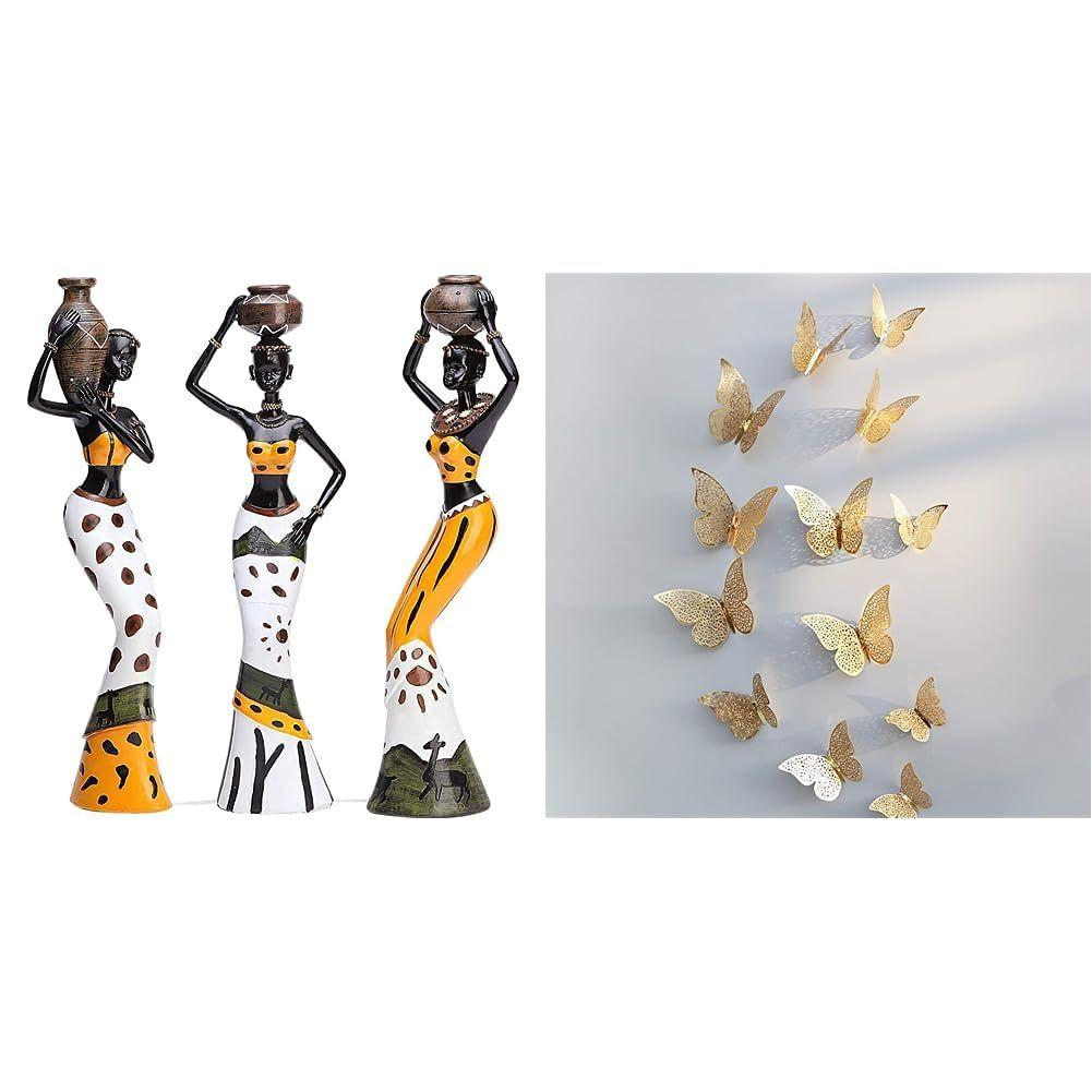Crafted Home Dcor African Tribal Women Art Piece - (Set of 3, Multicolour) 12pcs 3D Home Decor Butterfly with Sticking Pad (Shimmer Golden, Set of 12)