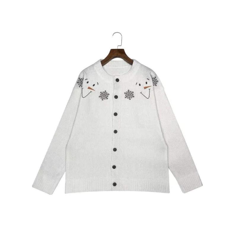 Damen Weihnachten Schneeflocke Mode Lässig Vielseitige Strickjacke Herbst Winter Neuer Stil Weiß Rundhals Knopf Strickoberteil
