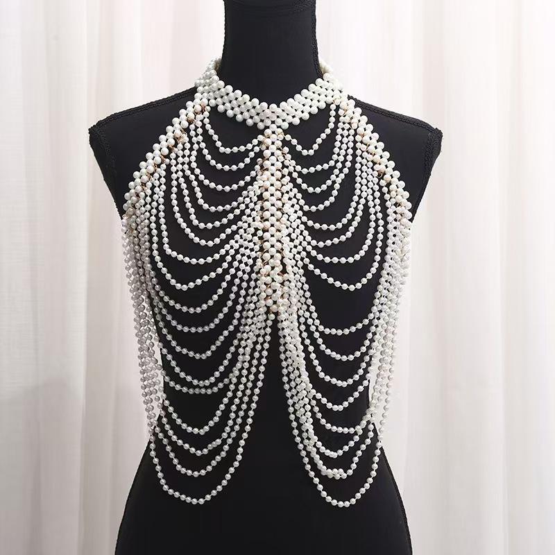 Многослойная жемчужная цепочка на тело Тяжелая промышленность Аксессуары для платья-бюстье Шарф Ожерелье Мода