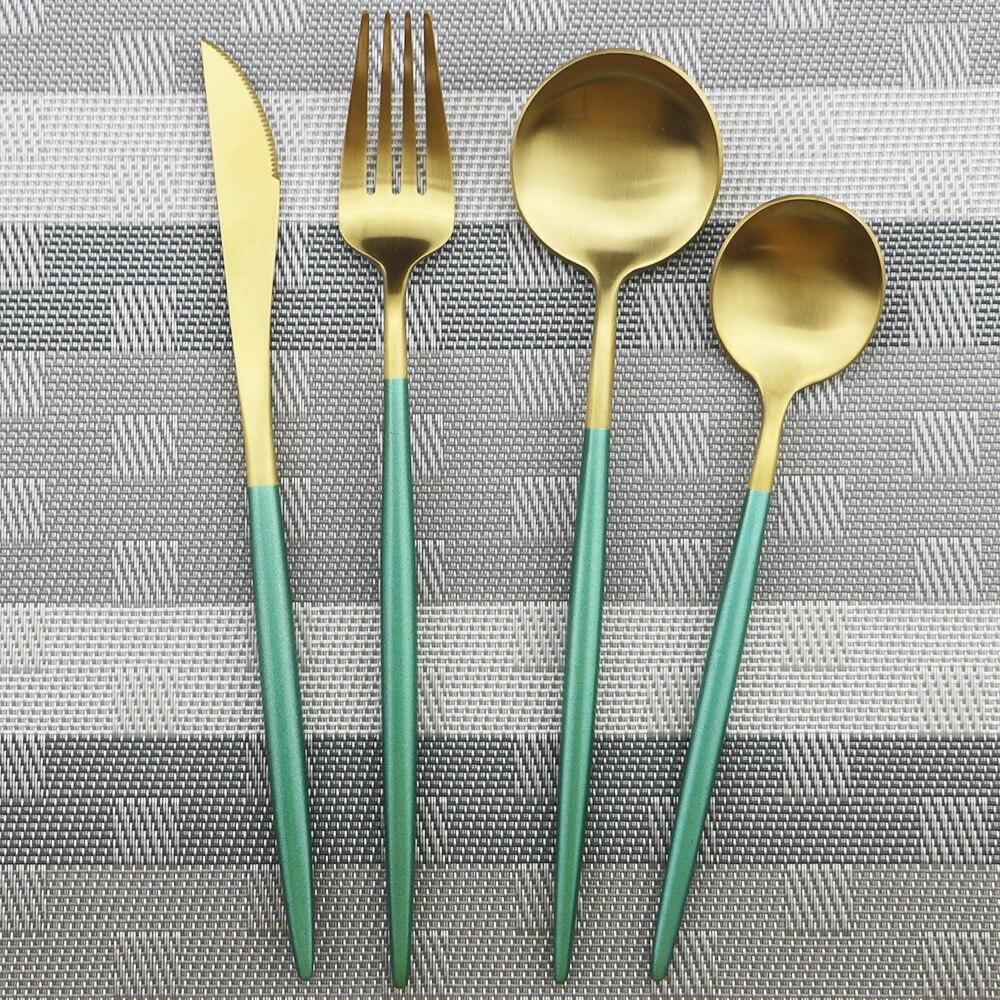 1pcs Green Metal Dinnerware Reusable Gold Flatware 304 Stainless Steel Cutlery Knife Fork Spoon Dessert Tea Kitchen Tableware