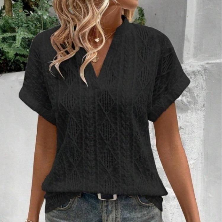 New Women's V-neck Loose Casual Summer Short Sleeved Hollow Jacquard Shirt